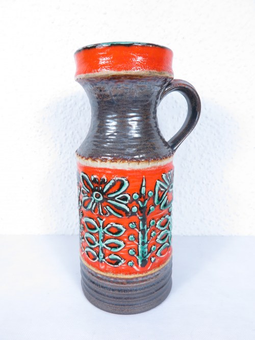 70er Vase mit Henkel, Bay Keramik, Orange