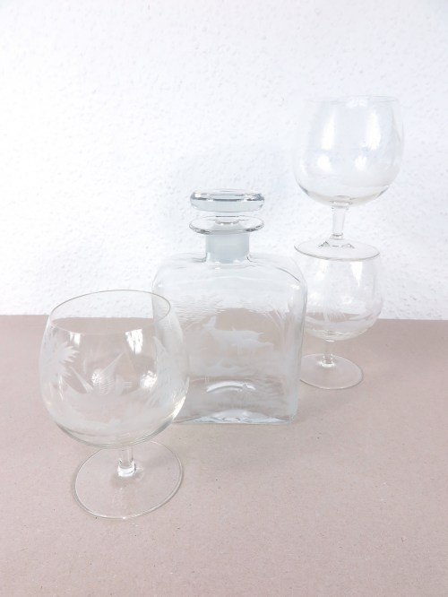 60er Cognac Karaffe mit 3 Gläsern
