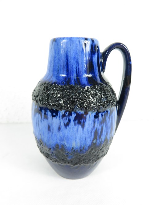 70er Keramik Henkel Vase Blau-Schwarz