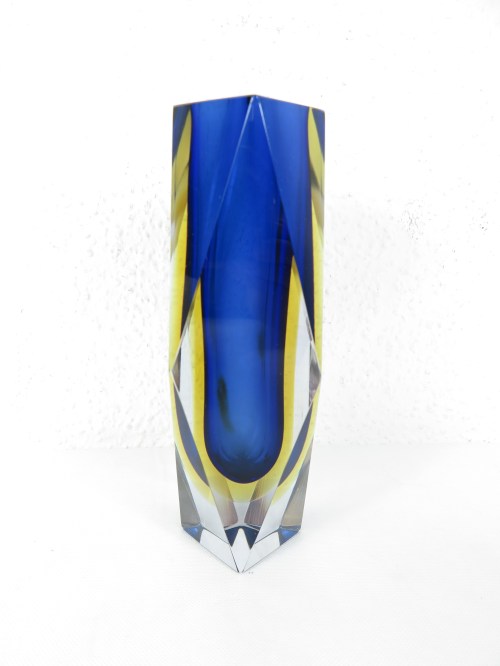 60er Mandruzzato Muranoglasvase, Facettenvase, blau-hellorange