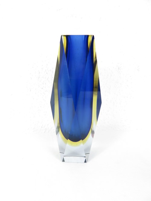 Bild 2 von 60er Mandruzzato Muranoglasvase, Facettenvase, blau-hellorange