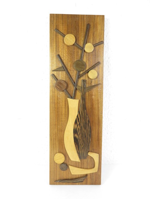 60er Holzbild Vase mit Blümen