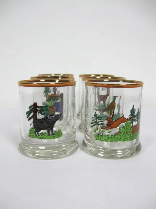 Bild 1 von 70er Trinkgläser Set mit Jagd Jäger Motiven
