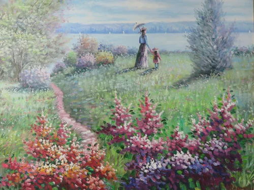 Bild 2 von 70er Ölbild Dame mit Kind am See von Xavier Rabous 50x60