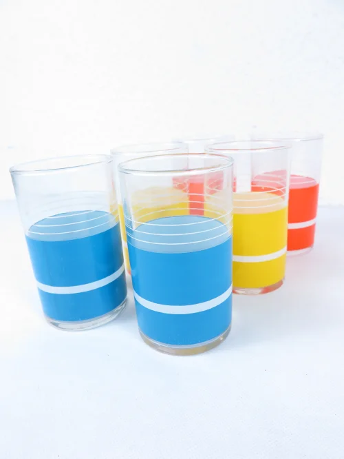 70er Wassergläser, Blau Orange Gelb