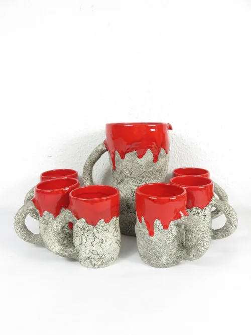 70er Bowle Krug mit 6 Henkelbechern