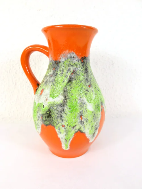 70er Henkelvase, Orange,  Hellgrün, Keramikvase von Dumler und Breiden