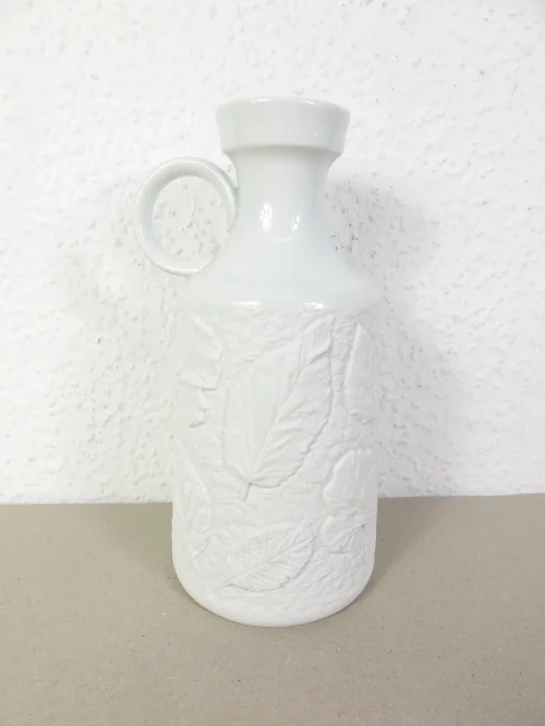 70s bisque porcelain vase white, Seltmann Arzberg leaf relief