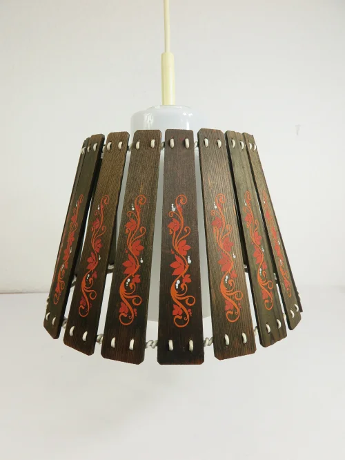 60er / 70er Holz-Glas-Lampe, Korblampe, hängelampe, Deckenleuchte